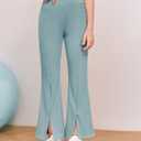 Haloumoning Girls Kids Elastic Waist Ribbed Flare Split Bottom Pants Stretch Casual Long Pants(5-14Y) (Blue)