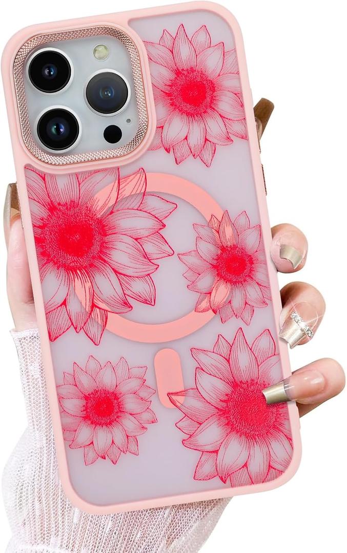 OOK Pink Case Design for iPhone 15 Pro Case [Compatible with MagSafe], Cute Sunflower Floral Blooms Design Frosted Shockproof for Women Girls Magnetic Phone Cover - Pink Flower