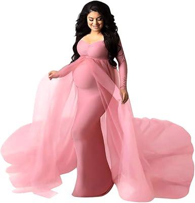 Women Off Shoulder Long Sleeve Maternity Dress Tulle Elegant Slim Fit Gown Baby Shower Photography Maxi Dress for Photo Shoot
 Pink M 