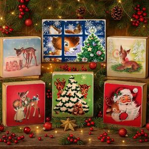 Roowest 6 Pack Vintage Christmas Decor Sign Traditional Victorian Santa Reindeer Wood Block Plaque Classic Retro Christmas Decoration Wall Decor for Winter Holiday Table Home Shelf Office Desk Mantel