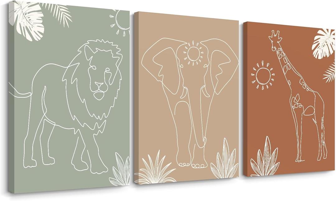 Safari Nursery Wall Art Pictures Baby Animal Canvas Wall Decor Boho Jungle Wall Art Kids Minimalist Poster Elephant Giraffe Lion Prints Nursery Safari Artwork for Bedroom 16x24 Wrapped Canvas Set of 3