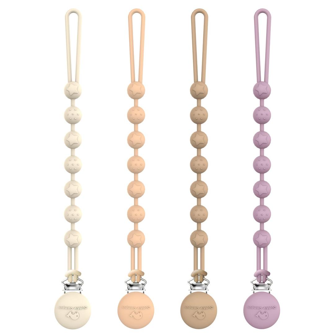 Cuddle Campus Silicone Pacifier Clip Holder with One Piece Design, Pack of 4 Soft Flexible Binky Clips with Texture for Baby Boy and Girl Set 3(6M+) (Neutral 1)