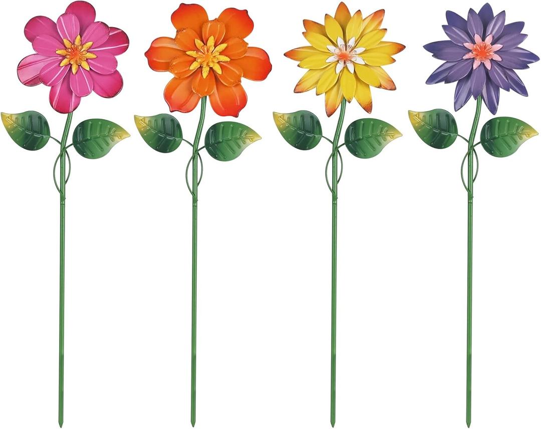 hogardeck Metal Flower Decorative Garden Stakes,4 Pcs 19" Outdoor Garden Decor with Shaking Flower Head Yard Stakes, Yard Art Spring Decorations for Patio Lawn (Pink & Yellow & Purple & Orange) (Colorful)