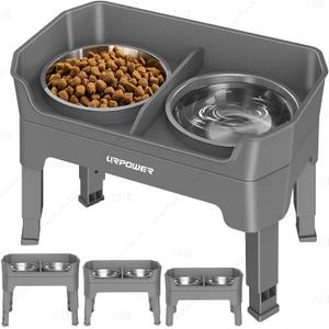 URPOWER 3-in-1 Elevated Dog Bowls - Mess Proof Double Deck 4 Height Adjustable Raised Stand with 2 Stainless Steel Food Bowls & Licking Plate for Small, Medium & Large Dogs