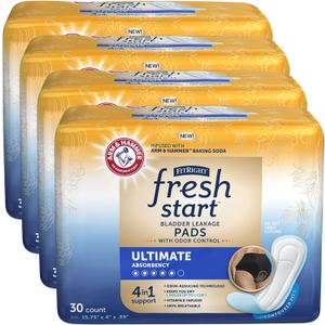 FitRight Fresh Start Postpartum and Incontinence Pads for Women, Ultimate Absorbency (120 Count) Bladder Leakage Pads with The Odor-Control Power of ARM & HAMMER (30 Count, Pack of 4)