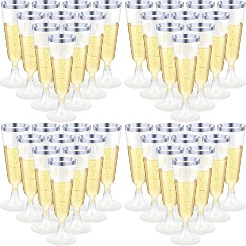 CHENGU 96Pcs Champagne Flutes 5 Oz Plastic Disposable Champagne Flutes Crystal Wine Glasses Reusable Plastic Cocktail Cups for Wedding Celebration Birthday Party Toasting Drinking(Silver)
