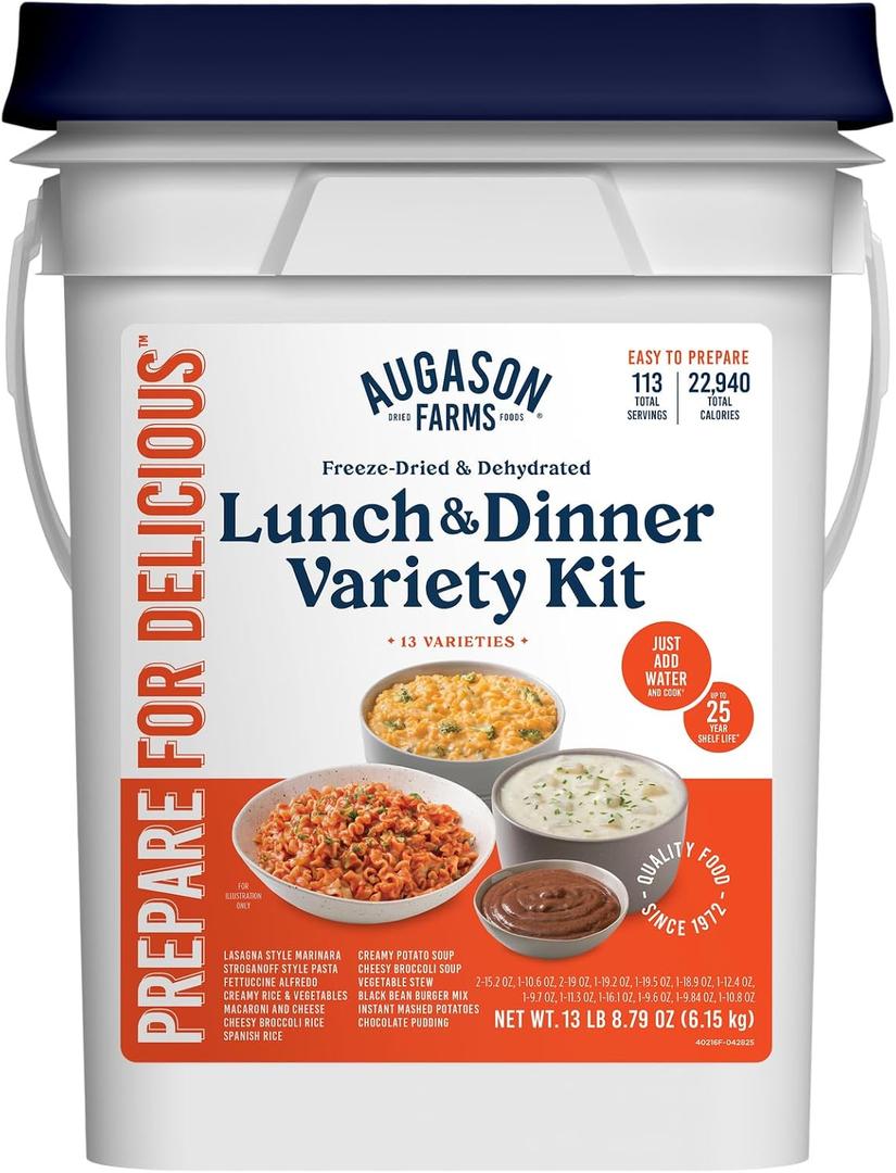 Lunch & Dinner Variety Kit Emergency Food Supply, 113 Servings, 25 Year Shelf Life - Dehydrated Meals, Survival Food Camping Essentials, 4 Gallon Bucket, 208 Ounce (EXP 10/22/50)