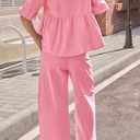 Tankaneo Womens 2 Piece Linen Sets Summer Vacation Outfits V Neck Puff Sleeve Babydoll Tops Wide Leg Pants Matching Sets (Pink, M)