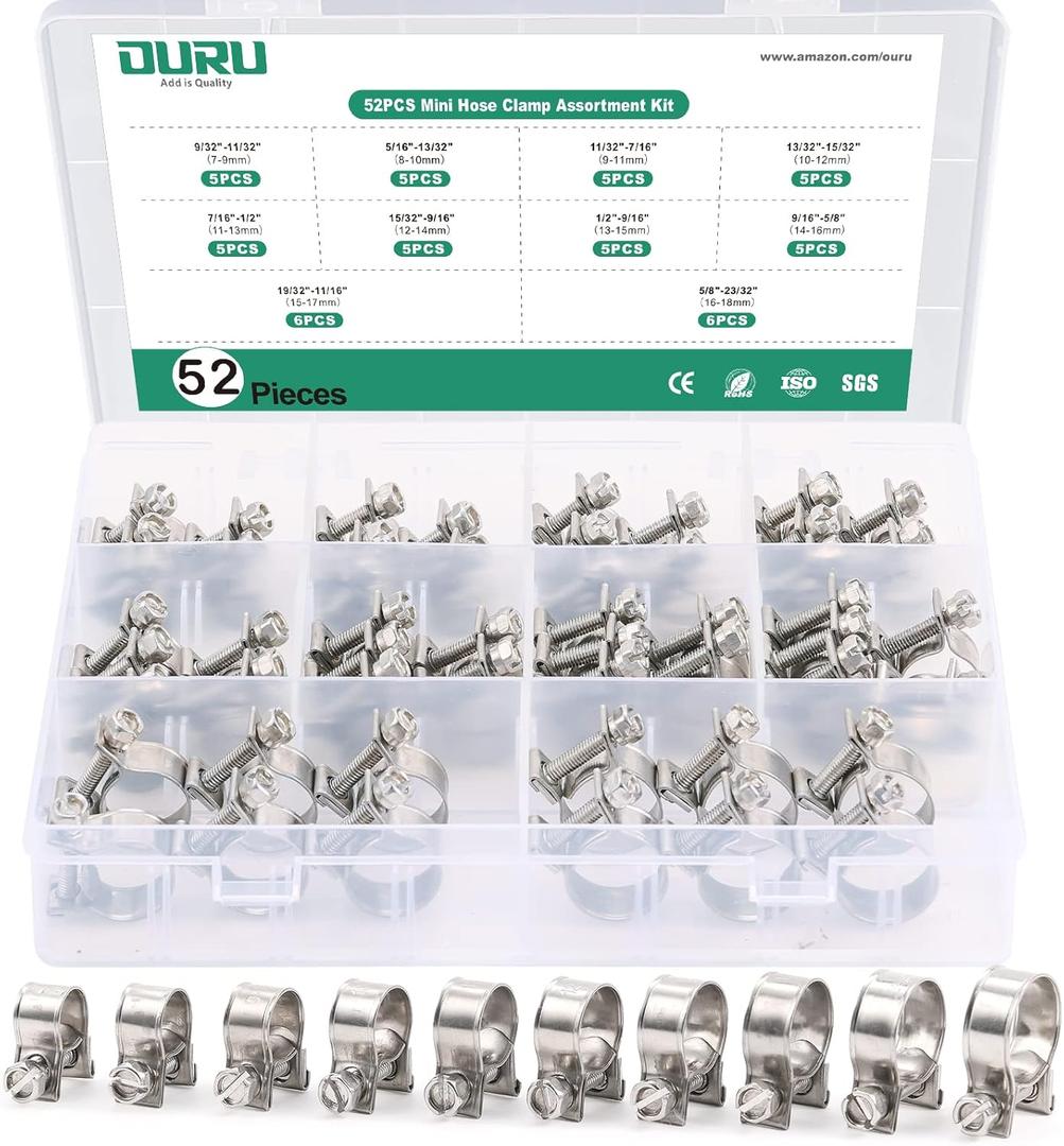 OURU 52PCS Fuel Line Clamp Assortment Kit 304 Stainless Steel,10 Sizes Adjustable 9/32"-23/32" Dia (7-18mm) Mini Fuel Injection Gas Line Hose Clamps,Pipe Clamp for Automotive,Diesel Petrol Pipe