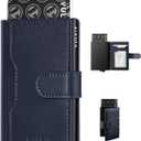 VULKIT Slim Bifold Pop up Wallet Minimalist Leather Card Holder RFID Blocking Metal Card Case with ID Window for Women | with Leather Slots, RFID Blocking, Slim, Metal Card Case (Navy)