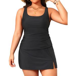 Daci Plus Size Tankini with Skirt - Women Two Piece Swimsuits Tummy Control Bathing Suits Scoop Neck Swimwear (Black, 18 Plus)