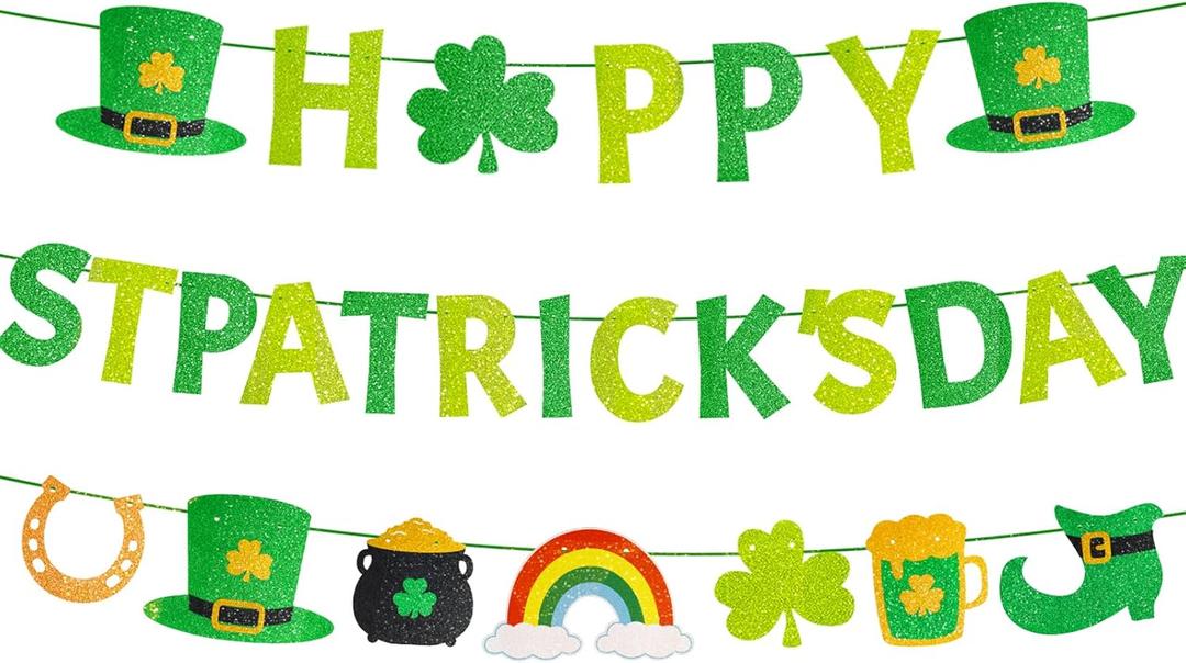 Pre-Strung Happy St Patricks Day Banner No DIY St Patricks Day Decorations with Gold Glitter Details 3 Pcs Saint Patricks Decor Clover Irish Party Supplies