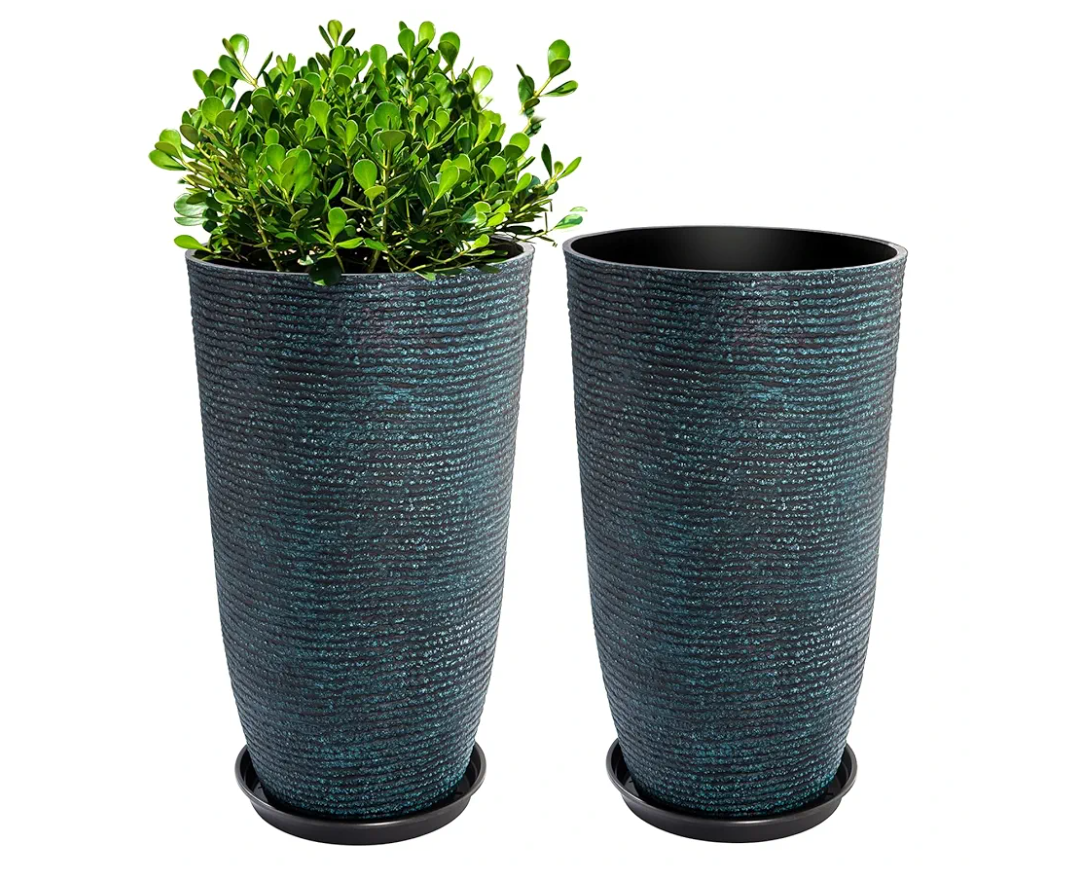 QCQHDU Large Tall Blue Planters with Saucer - 9 Gallon 12" Diameter x 21" H Faux Stone Round Pots for Indoor Plants, Outdoor Patio & Porch Decor, Heavy Duty Weatherproof Plant Containers