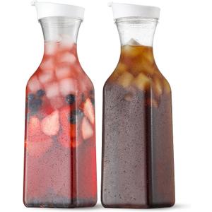 NETANY Plastic 50 Oz Water Carafe with Flip Top Lid, Set of 2 Square Base Juice Containers, Clear Plastic Pitcher - for Water, Iced Tea, Juice, Beverage, Cold Brew and Mimosa Bar - HAND WASH ONLY
