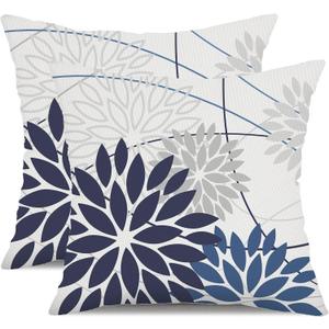 Blue Flower Pillow Covers 16x16 Inch Set of 2 Dark and Light Blue Colored Pillow Farmhouse Outdoor Waterproof Decor for Patio Funiture Garden Summer Floral Polyester Square Cushion Cover 01D16