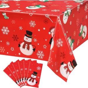 Irenare 6 Pieces Christmas Snowman Tablecloth Winter Snowman Table Cover Plastic Disposable Snowflake Holiday Party Table Cloth for Xmas New Year Party Decorations Supplies, 54 x 108 Inch (Red)