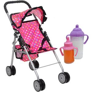 fash n kolor - My First Baby Doll Stroller - Pink Polka Dot Doll Stroller with Basket- Soft Grib Handle. Foldable with Hood Toy Doll Pram Baby Doll Accessories. With 2 Free Bonus Doll Bottles Included