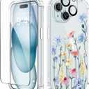 GVIEWIN for iPhone 15 Case Floral, with Screen Protector&Camera Lens Protector,[Non Yellowing] Soft Shockproof Clear Phone Protective Cover for Women, Flower Pattern Design 6.1" (Aconite/Light Blue)