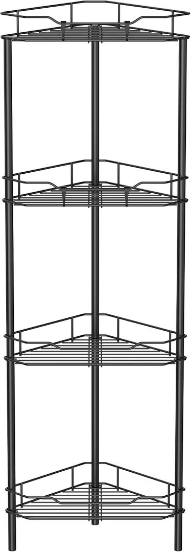 HuggieGems 4 Tier Floor Standing Corner Shower Caddy Organizer Shelf with Hooks, Bathroom Shelves Stand Rack, Black
