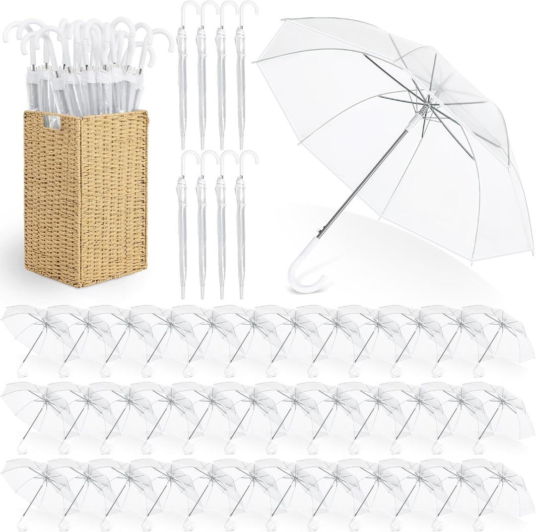 Aodaer 60 Pieces Clear Wedding Umbrellas with Foldable Storage Box Transparent Auto Open Stick Umbrellas Windproof Large Canopy Umbrella with J Hook Handle for Outdoor Activities, Wedding Photography