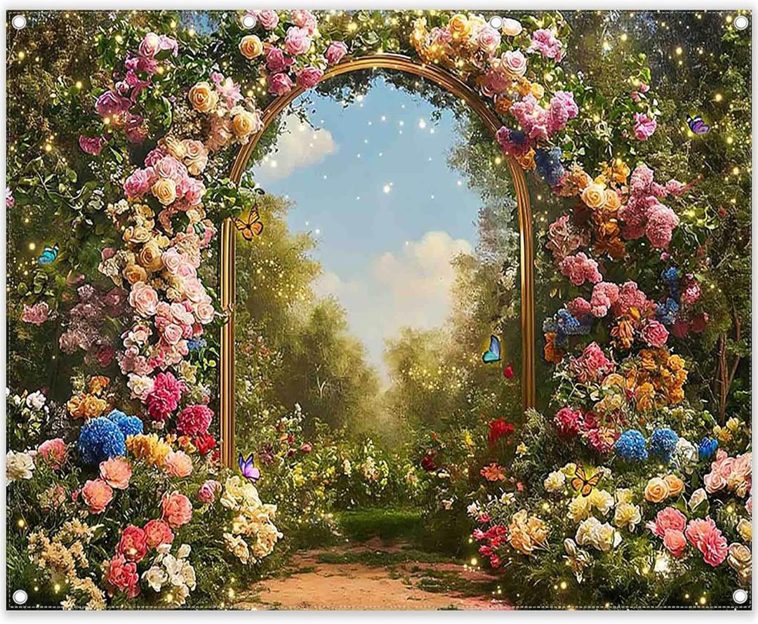 10x8ft Fabric Spring Enchanted Garden Backdrop Fairytale Forest Floral Butterfly Wonderland Oil Paint Photography Background Girl Kids Birthday Decor Photo Banner