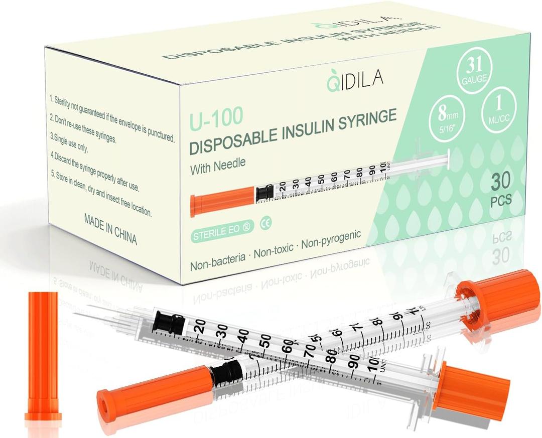 U-100 1ml/cc Disposable Insulin Syringe with 31G 5/16" (8mm) Needle | Individually Wrapped | 30 Pack