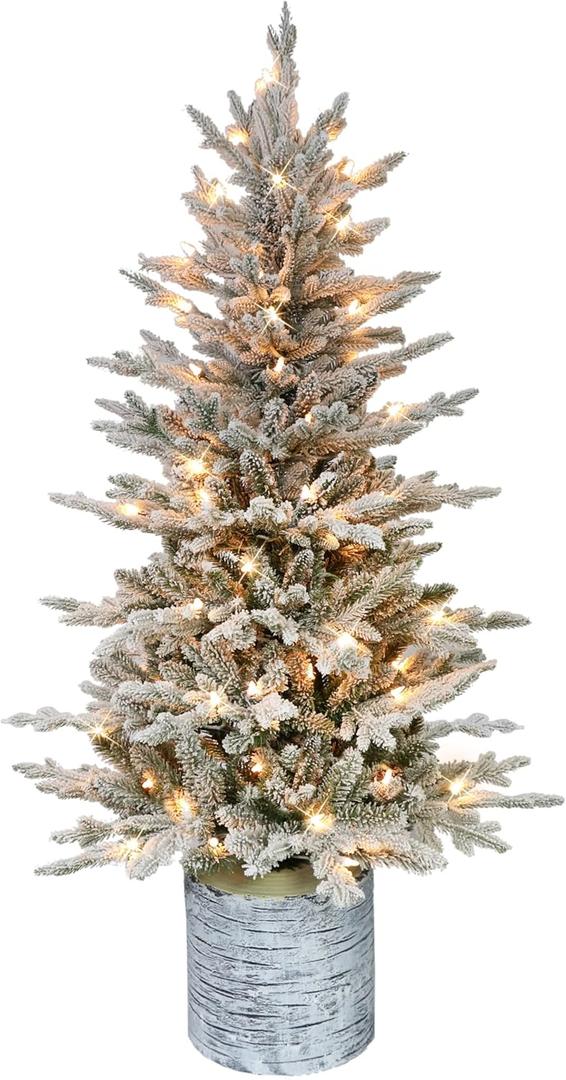 Puleo International 4.5ft Pre-Lit Potted Flocked Arctic Fir Christmas Tree with 70 Clear Lights, 419 Realistic Dense Snow Flocked Branch Tips, Easy Setup Artificial Trees with Sturdy Stand