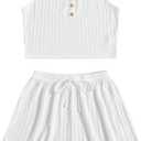 SOLY HUX Women's Button Front Ribbed Knit Tank Top and Shorts Pajama Set Sleepwear Lounge Sets (White, L)