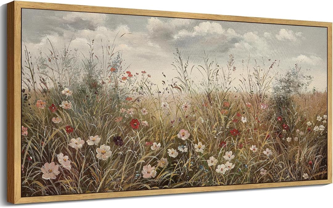 SHENIFY Vintage Landscape Framed Wall Art Meadow with Flowers Farmhouse Decor Retro Wildflower Field Scenery Painting for Hallway Bedroom Living Room Dining Room - 20x40in Natural Framed