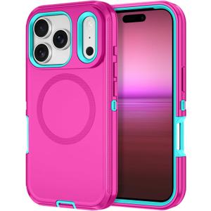 I-HONVA for iPhone 17 Pro Case [Compatible with MagSafe] Shockproof 3-Layer Full Body Protection [Without Screen Protector] Rugged Heavy Duty Cover Case for Apple iPhone 17 Pro 6.3", Rose Red/ Green