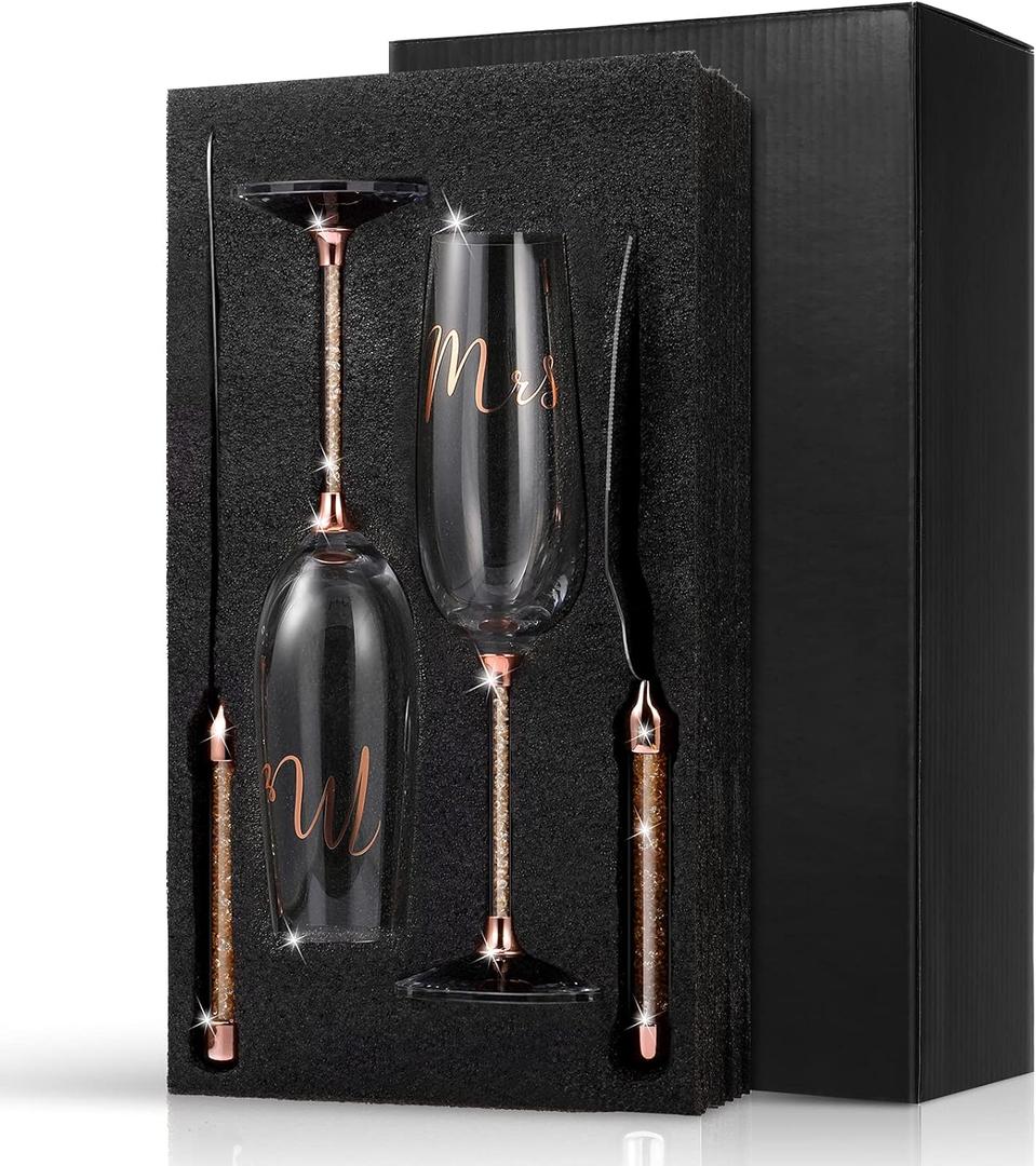 4 Piece Wedding Cake Knife and Champagne Flutes Server Set Mr and Mrs Toasting Flutes Crystal Rhinestone Cake Cutting Set for Bride and Groom Wedding Engagement Bridal Shower Gifts(Rose Gold)