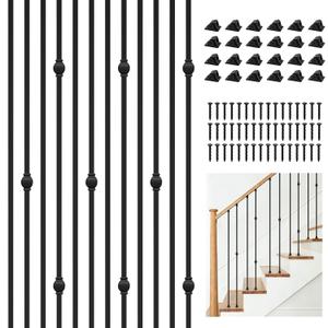 12 Pack Wrought Iron Balusters for Stairs - 1/2" Square Satin Black Metal Stair Balusters, 44" Length Hollow Iron Spindles with Swivel Shoes, Modern Baluster Kit for Home, Office, and Outdoor Use