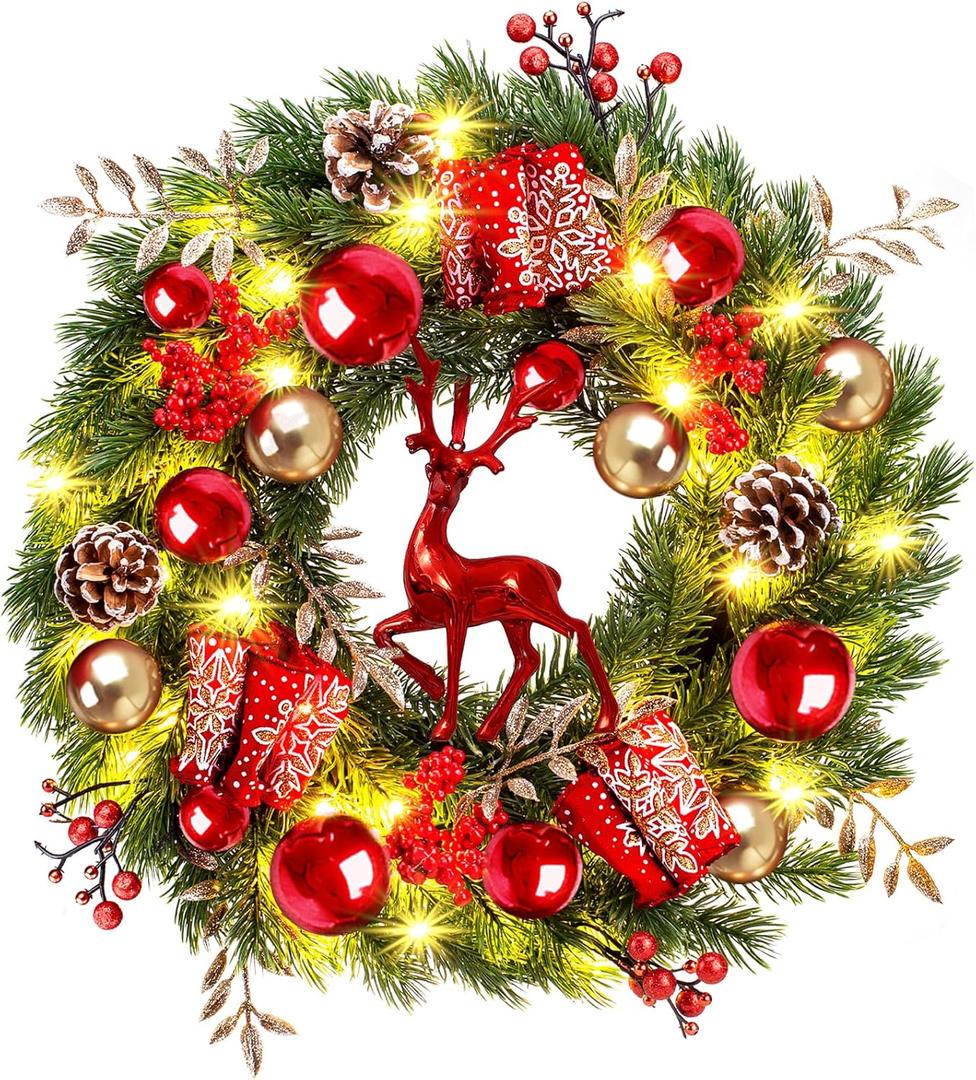 Quntis Lighted Christmas Wreath Front Door - 16'' Reindeer Winter Wreath with 8 Modes Timer, Red Gold Balls, Snowflakes, Pine Cones, Berries for Indoor Outdoor Holiday Windows Fireplace Mantel Porch