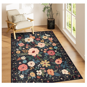 3x5 Area Rug, Floral Rugs for Living Room, Lightweight Non Slip Washable Rug, Indoor Low Pile & Non-Shedding Boho Design Rugs for Bedroom, Living Room, Dining Room, Black