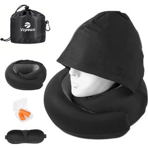 Travel Pillow - Hooded Neck Pillow Airplane Memory Foam Filling for Plane, Office, Cars Sleeping, Road Trip, Long Flights, Airplane Travel Essentials, Includes Eye Mask & Earplugs (Black)