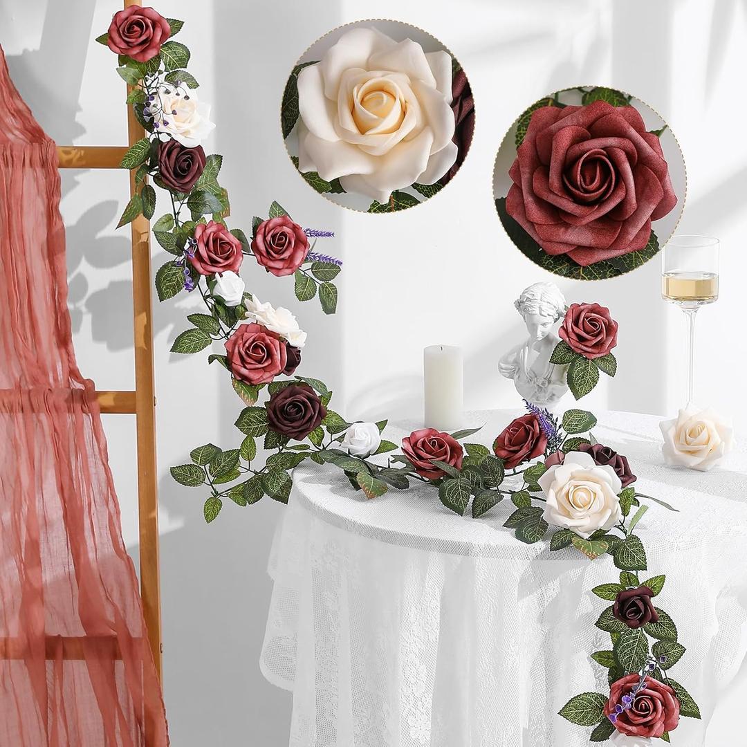5FT Artificial Rose Flower Burgundy Fake Floral Garland for Wedding Ceremony Backdrop Arch Flowers Table Centerpieces Decorations (1, Burgundy & Ivory Cream)