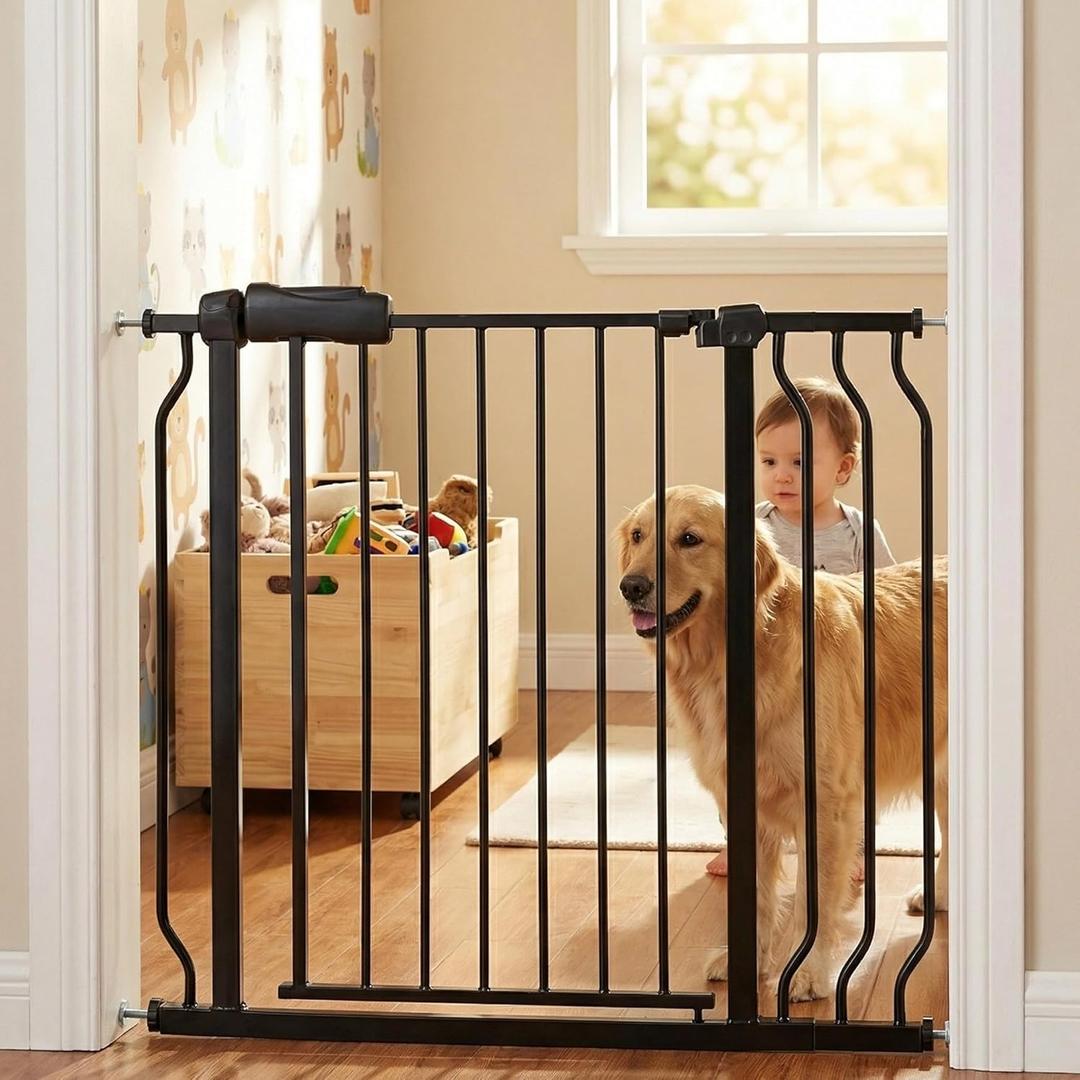Walk Through Baby Gate 29-38.5 Inch Wide Openings Large Baby Gate for Stairs Tension Pet Dog Gates Indoor for Doorways No Drilling Pressure Mounted Pet Gates for Kids (34"-38.5"/86-98CM, Black)
