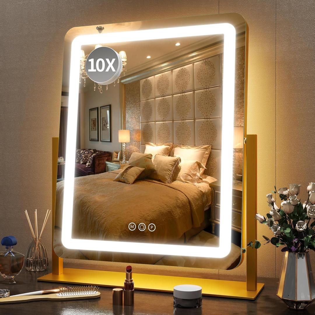 FENNIO Vanity Mirror with Lights 22 Inch- LED Lighted Makeup Mirror,Large Makeup Mirror with Lights,Touch Screen with 3-Color Lighting,Led Mirror Makeup,Dimmable(Gold)