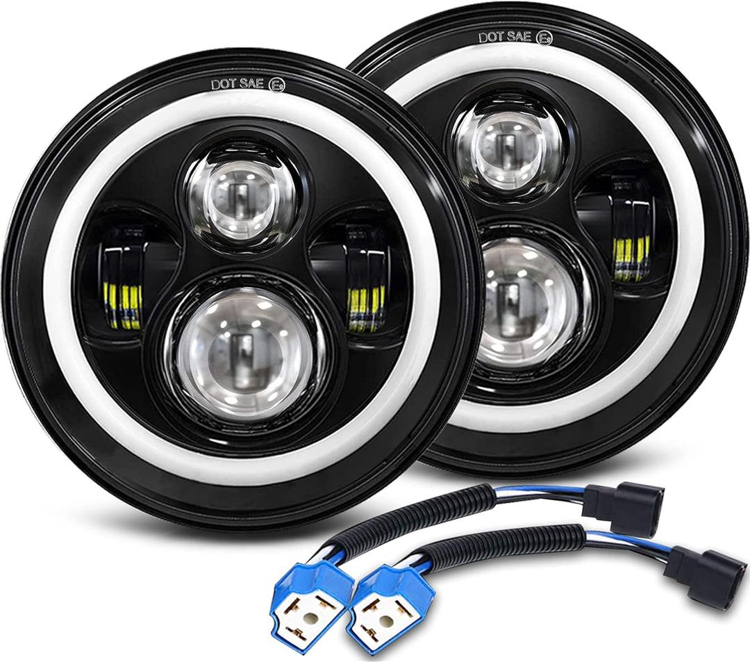7 Inch LED Headlights Round Halo Angel Eyes DRL Amber Turn Signal Lights H6024 LED Headlights Replace High/Low Sealed Beam Fits Wrangler JK TJ LJ CJ with H4 H13 Adapter, 2PCS (White & Amber Halo)