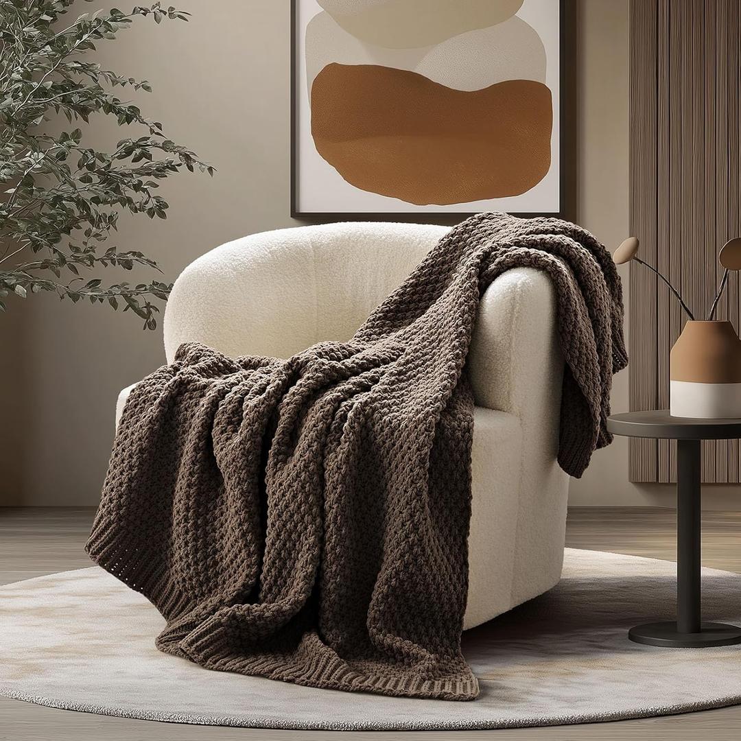 EVERGRACEHOME Chunky Chenille Knit Throw Blanket for Couch, Soft Luxurious Moss Stitch Blankets for Bed, Cozy Decorative Farmhouse Knitted Throws for Sofa, Cocoa Brown, 60" x 80"