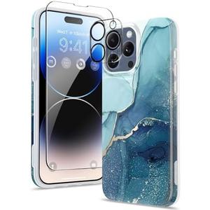 GVIEWIN Marble for iPhone 15 Pro Case, with Screen Protector & Camera Lens Protector, [10FT Military Grade Drop Protection] Slim TPU Phone Case Cover Women for iPhone 15 Pro 6.1" (Navy Blue)