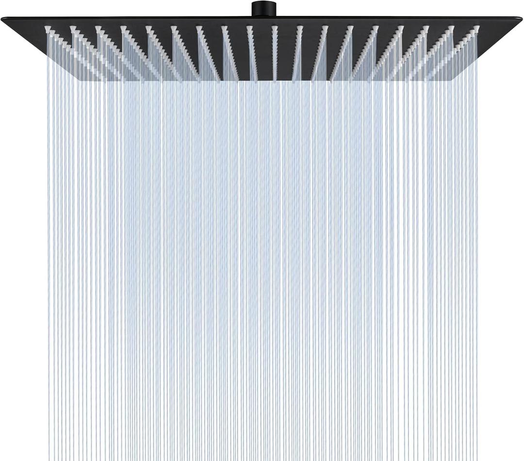 16 Inch Square Rain Shower Head, 304 Stainless Steel, Ultra Thin High Pressure Bathroom Rainfall Showerhead (Matte Black) (324 Jets)