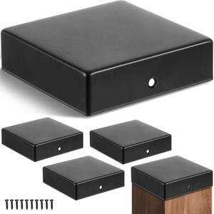 Pelopy 5 Pcs 4 x 4" Flat Pyramid Post Cap for True 3-1/2" x 3-1/2" Wood Posts Black Galvanized Powder Coated Steel Weatherproof Caps Cover for Decks, Porches, or Corridors Mailbox