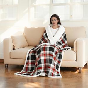 Electric Heated Blanket 72"x84" Full Size, Soft Flannel and Sherpa Double-Sided Material with 4 Heating Levels and 10 Hours Auto-Off, Machine Washable, Cozy Plush Fabric for Home, Black & Red Plaid