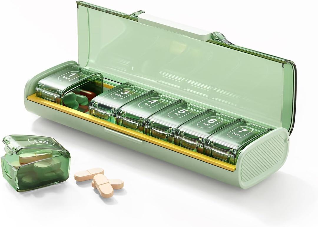 Weekly Pill Organizer,Portable 7 Day Pill Box,Moisture Proof Medicine Pill Organizer,Travel Pill Case with BPA-Free Material,Pocket-Size for Supplements & Vitamins (Green)
