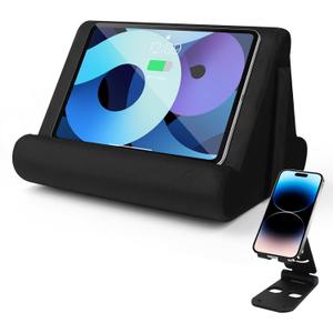 Universal Tablet Cushion Stand - Multi-Angle Lazy Holder with Net Pocket & Phone Stands Options for Lap, Knee, Sofa, Bed (Black)