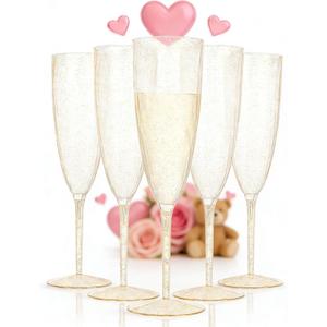WDF 36-Pack Plastic Champagne Flutes - Gold Glitter Champagne Glasses Disposable - Perfect for Wedding Birthday Bridal Shower Valentine's Day