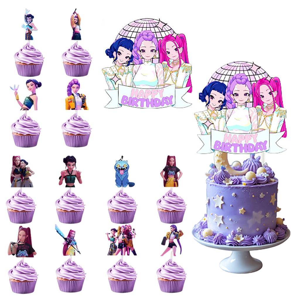 Cute Cartoon Happy Birthday Cake Toppers Set with 24Pcs Cupcake Toppers, 1Pcs Happy Birthday Cake Topper, Movies Themed Birthday Party Supplies, Perfect for Party Decorations