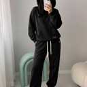 Womens 2 Piece Sweatsuit Set, 2025 Casual Long Sleeve Hoodie with Loose Wide Leg Sweatpants for Fall and Winter (Black, M)