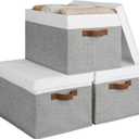 StorageWorks Storage Bins with Lids, Decorative Storage Boxes with Lid and PU Handles, Foldable Storage Baskets for Closet, Shelves, Stackable, Gray and White, Jumbo, 3-Pack
